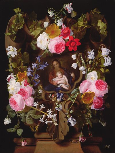 麦当娜和孩子被鲜花花环包围（麦当娜和孩子用另一只手） 作者 Christiaan Luykx or Luycks