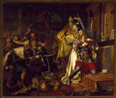Mort de Knut (Canut, Knud) IV de Danemark le Saint (1040-1086) - The death of Canute IV of Denmark in the Church of Saint Albanus (The Murder of Canute the Holy) par Christian Albrecht von Benzon (1816-1849) 作者 Christian Albrecht von Benzon