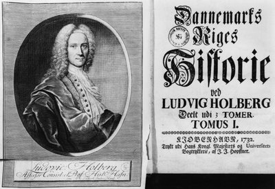 Baron Ludvig Holberg（1684-1754）和他的丹麦历史第一卷的标题页，于1732年在哥本哈根出版 作者 克里斯蒂安·弗里德里希·弗里茨奇
