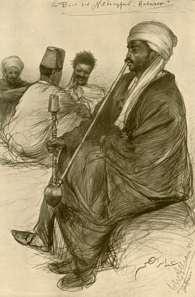 男子在 "Hatasoo "号汽船上抽水烟，埃及，1898年。   作者 克里斯蒂安·威廉·艾尔斯