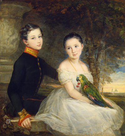 Children with parrot par Robertson, Christina (1796-1854) 作者 克里斯蒂娜·罗伯逊（Christina Robertson）