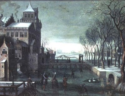 冬日风景，人物在有护城河的城堡旁滑行 作者 Christoffel van den (circle of) Berghe