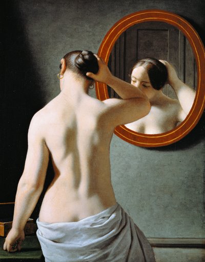 一个裸体女人在镜子前做头发 作者 Christoffer Wilhelm Eckersberg