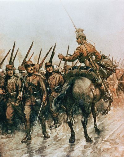 1914 年，比利时向导团的枪骑兵路过向前线行进的法国步兵（彩色石版画） 作者 克里斯托弗（之后）克拉克