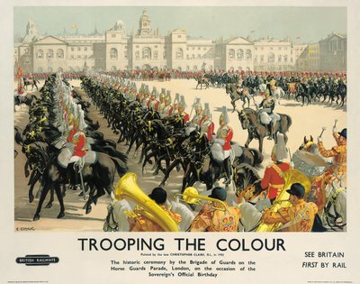 1950年，英国铁路公司的广告海报“ Trooping the Colour”（彩色石版画） 作者 克里斯托弗·克拉克