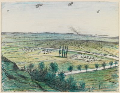 观察气球景观，1914-18（铅笔和蜡笔在纸上） 作者 克里斯托弗·理查德·怀恩·内文森