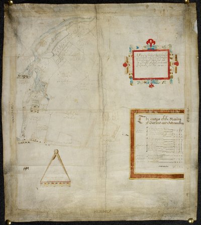 肯特郡默斯顿和锡廷伯恩的贝福德和古德曼斯顿庄园地图：1590 年（牛皮纸上的墨水和彩色水墨）。肯特：1590 年（牛皮纸上的墨水和彩色水洗图） 作者 克里斯托弗·萨克斯顿