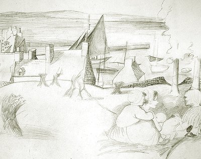 布列塔尼渔村，约1929-30（纸上铅笔）。 作者 克里斯托弗·伍德