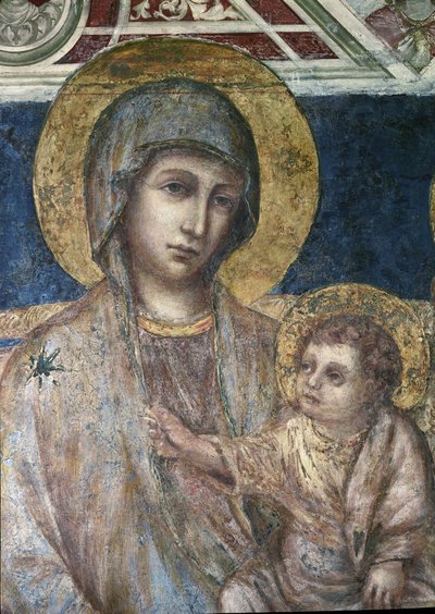 Maesta - Cimabue (Cenni di Pepo)(约1272-1302)的处女和孩子壁画的细节 1278-1280 Dim 320x340 cm 阿西西，圣弗朗西斯科大教堂，下教堂 作者 Cimabue