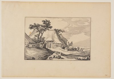 谷仓，休息的人与前景中的一篮子鸡蛋，选自风景画（Verscheyden aerdige Lanthuysen...） 作者 克拉斯·扬斯。维舍尔