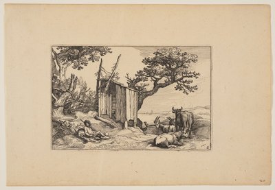 带牛群的破旧谷仓，选自 Landscapes (Verscheyden aerdige Lanthuysen...) 作者 克拉斯·扬斯。维舍尔