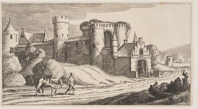 城墙附近道路上骑马的农民，选自风景画 (Playsante Lantschappen) 作者 克拉斯·扬什·维舍尔二世