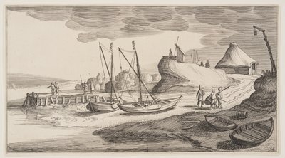 瞭望塔附近的小船，选自风景画 (Playsante Lantschappen) 作者 克拉斯·扬什·维舍尔二世