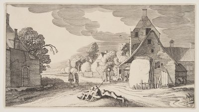 三个农民在村庄的十字路口休息，选自风景画 (Playsante Lantschappen) 作者 克拉斯·扬什·维舍尔二世