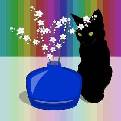 Blue Glass Vase with blossom and black cat 作者 克莱尔·亨特利