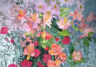 粉色花束（纸上水彩） 作者 克莱尔·斯宾塞