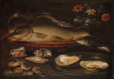 与鱼，牡蛎和虾的静物画，c.1620-50 作者 夏洛特·埃文斯