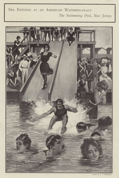 在美国新泽西州的游泳池进行海水浴（石版画） 作者 克拉伦斯·安德伍德