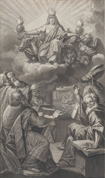 寓意深刻的人物出现在头顶的云层上，而下面聚集的一群人在看...，1728年。 作者 克劳德·奥古斯丁·杜弗洛斯