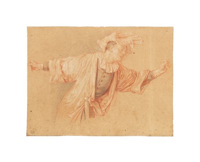 斯卡拉莫什的研究，他伸出的双臂，约 1707 年（红、黑、白粉笔，浅灰纸） 作者 克劳德·吉洛特