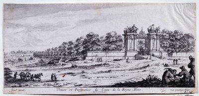 Cours de la Reine Mere 的景色和透视这条步道是由 Marie de Medicis 于 1616 年在巴黎阿尔玛广场附近创建的。 Claude Goyrand (1620-1662) 绘画，17 世纪巴黎，卡纳瓦莱博物馆 作者 克劳德·戈兰德