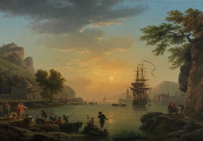 "" Paysage au Sunset avec retour de peche ""（日落时的风景，渔夫带着他们的渔获归来） Claude Joseph Vernet 作画（1714-1789）布面油画 1773 暗淡 114.5x164 厘米，伦敦国家美术馆 作者 克劳德·约瑟夫·韦尔内