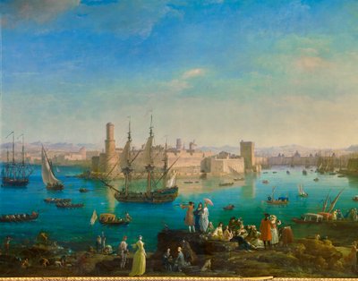 1754 年马赛港口的入口。 Joseph Vernet (1714-1789) 的绘画细节 作者 克劳德·约瑟夫·韦尔内