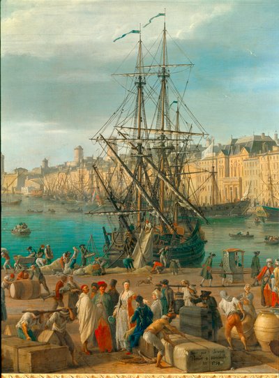 18 世纪的马赛港 代表卸货的细节。 Joseph Vernet (1714-1789) 18 世纪巴黎的绘画。 海洋博物馆 作者 克劳德·约瑟夫·韦尔内