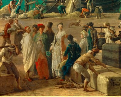 细节：18 世纪的马赛港“”代表货物卸货的细节。 Joseph Vernet (1714-1789) 18 世纪巴黎的绘画。 海洋博物馆 作者 克劳德·约瑟夫·韦尔内