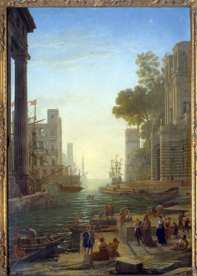 风景与圣保拉罗马纳在 Ostia.Saint Paula 的船离开她的孩子前往圣地。 帆布，211 x 145 厘米 - 从 Sainte Paule 到 Ostia 的登机。 圣保利 (347-404 或 407)，罗马寡妇，圣杰罗姆的门徒。 Cl 绘画 作者 克劳德·洛兰