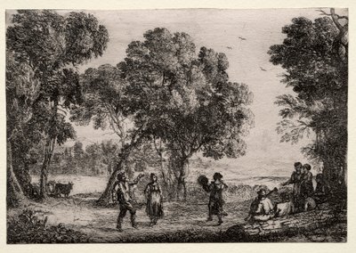 与乡村舞蹈小盘子的风景，c。 1637。 作者 克劳德·洛兰