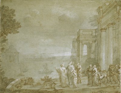 观察迦太基与Dido和Aeneas，1676年（笔和墨水与洗涤和粉笔，在纸上加白色） 作者 克劳德·洛兰