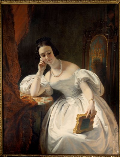 Young girl in the mirror. Painting by Claude Marie Dubufe (1790-1864) 作者 克劳德·玛丽·杜布菲