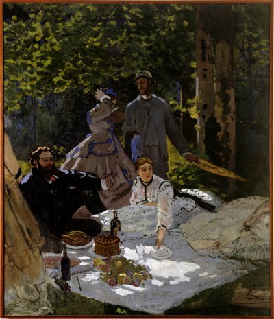 在草片段的早餐。 左侧部分。 右侧：从左到右代表 Gustave Courbet、Camille Doncieux 和 Frederic Bazille（站在中间）。 克劳德·莫奈 (1840-1926) 1865-1866 年作画 2,48x2,17 m 巴黎，奥赛博物馆。 作者 克劳德·莫奈