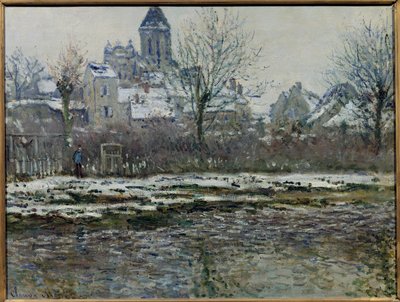 雪在 Vetheuil 或“Eglise de Vetheuil, neige”的影响 克劳德·莫奈 (Claude Monet) (1840-1926) 1878/79 的绘画。 暗淡。 0,53 x 0,71m。 巴黎，奥赛博物馆 作者 克劳德·莫奈