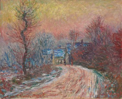 冬季，日落进入吉维尼；吉维尼在冬天的入口，夕阳，1885年 作者 克劳德·莫奈