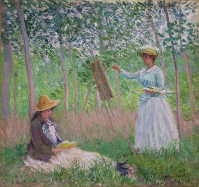 在吉维尼的伍兹：布兰奇·霍斯切德在她的画架上与Suzanne Hoschede一起阅读，1887年 作者 克劳德·莫奈