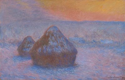 小麦堆的夕阳，雪的效果，189091。 作者 克劳德·莫奈