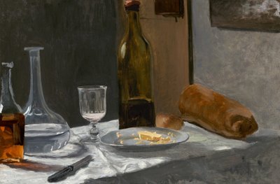静物画，有瓶子、水瓶、面包和酒，c。 1862-63（布面油画） 作者 克劳德·莫奈