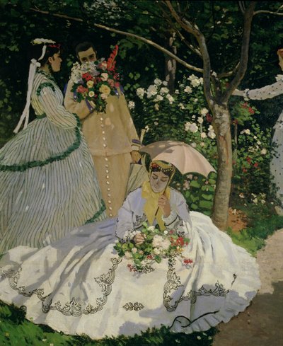 妇女在庭院里，一名坐着的妇女的细节有遮阳伞的，1866年油在帆布细节2011年 作者 克劳德·莫奈
