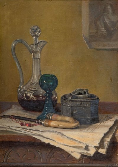 报纸、烟斗、醒酒器和罐子的静物，1887年。 作者 克劳德·普拉特（Claude Pratt）