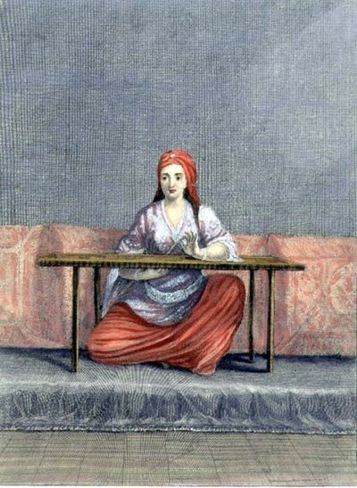 正在刺绣的土耳其妇女，由C. du Bose雕刻，18世纪初（雕刻）。 作者 克劳德·杜波塞