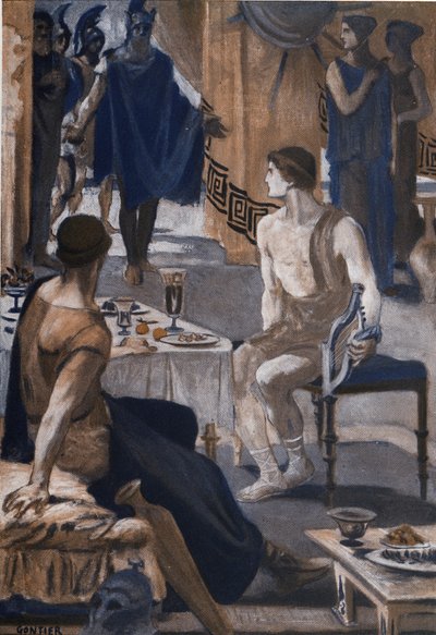 阿喀琉斯接见阿伽门农的使者。克莱门特-贡蒂埃（1876-1918 年）为霍梅尔的《伊利亚特》（奥美罗）绘制的插图。巴黎，亨利-劳伦斯 作者 克莱门特·冈蒂尔