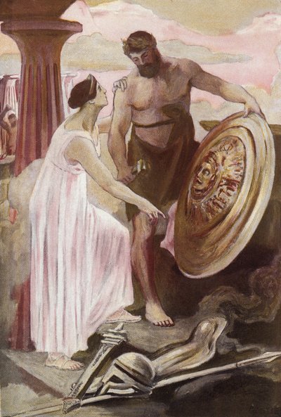 瓦肯人创造的阿喀琉斯之盾。 克莱门特·贡提尔（Clement Gontier，1876-1918 年）为荷马的《伊利亚特》（奥梅罗）绘制的插图。 巴黎，亨利·劳伦斯 作者 克莱门特·冈蒂尔