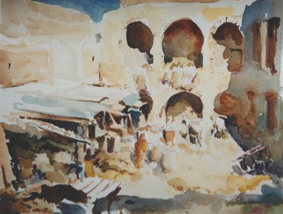 Fondouk des Peaussiers，非斯，2000 年（水彩画） 作者 克莱夫·威尔逊