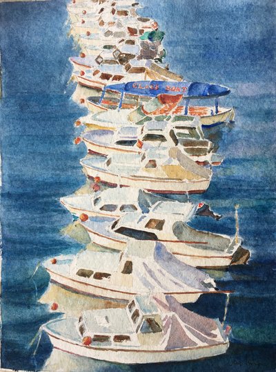 日落，杜布罗夫尼克港，2011 年（水彩画） 作者 克莱夫·威尔逊