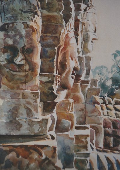 巴戎寺：清晨 - 平和与仁爱（西部和南部），2000 年（水彩画） 作者 克莱夫·威尔逊