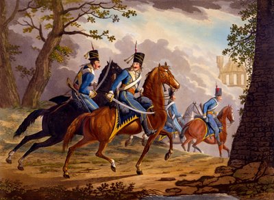 奥地利轻骑兵追击敌人，1799年（手工彩色） 作者 康拉德·格斯纳