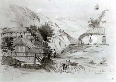1834年，瓦尔帕莱索伯杰之家（铅笔和纸上写着）（bw照片） 作者 康拉德·马滕斯（Conrad Martens）