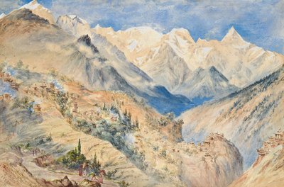 喀拉斯山峰和潘吉村在苏特利奇上距CHINE三英里的地方。 作者 康斯坦斯·弗雷德里卡·戈登·卡明